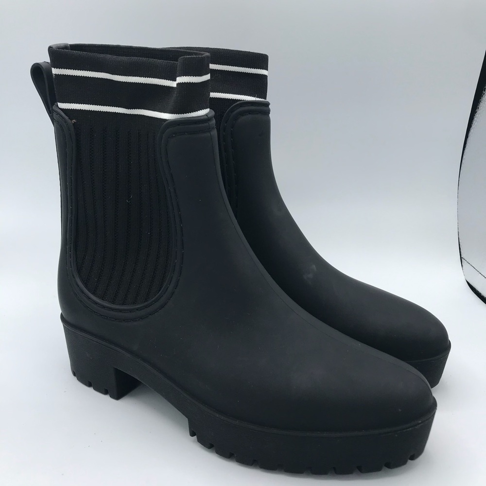 Catherine Malandrino Size US 6 EU 37 Black Rain Boots With Sock White Stripe EUC